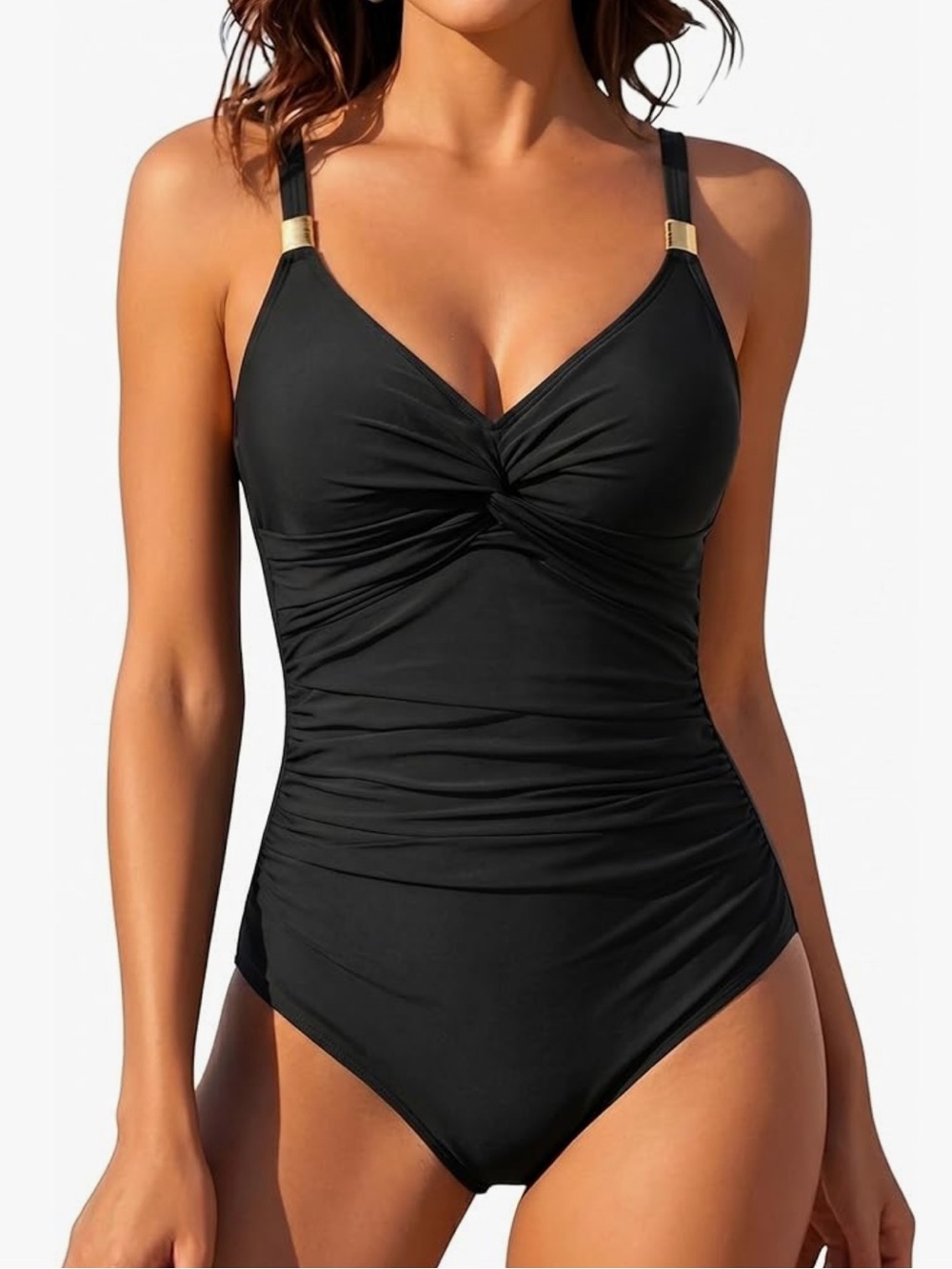 Black One-Piece Tummy Control Swimsuit with Gold Accents